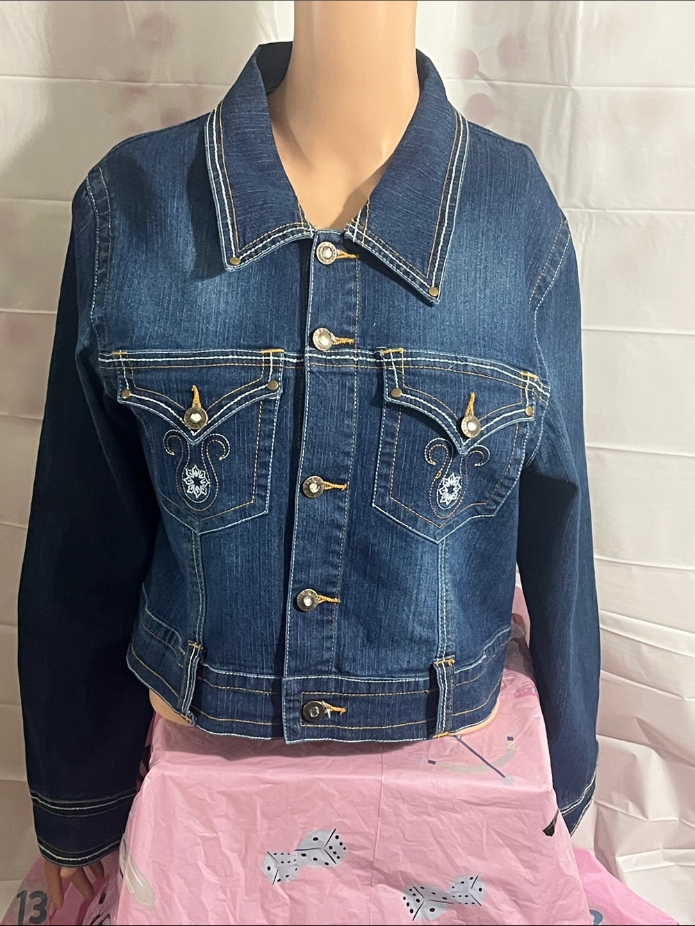 Indulgence Dark Blue Denim Jacket with Gold-Tone Logo Button - Picture 11 of 15